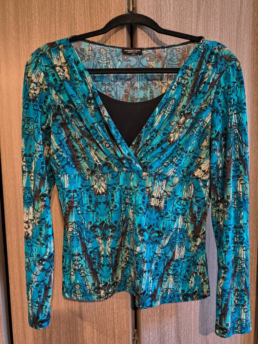 Perception Concept Blue Multi Patterend Long Sleeve V-Neck Blouse Party Office